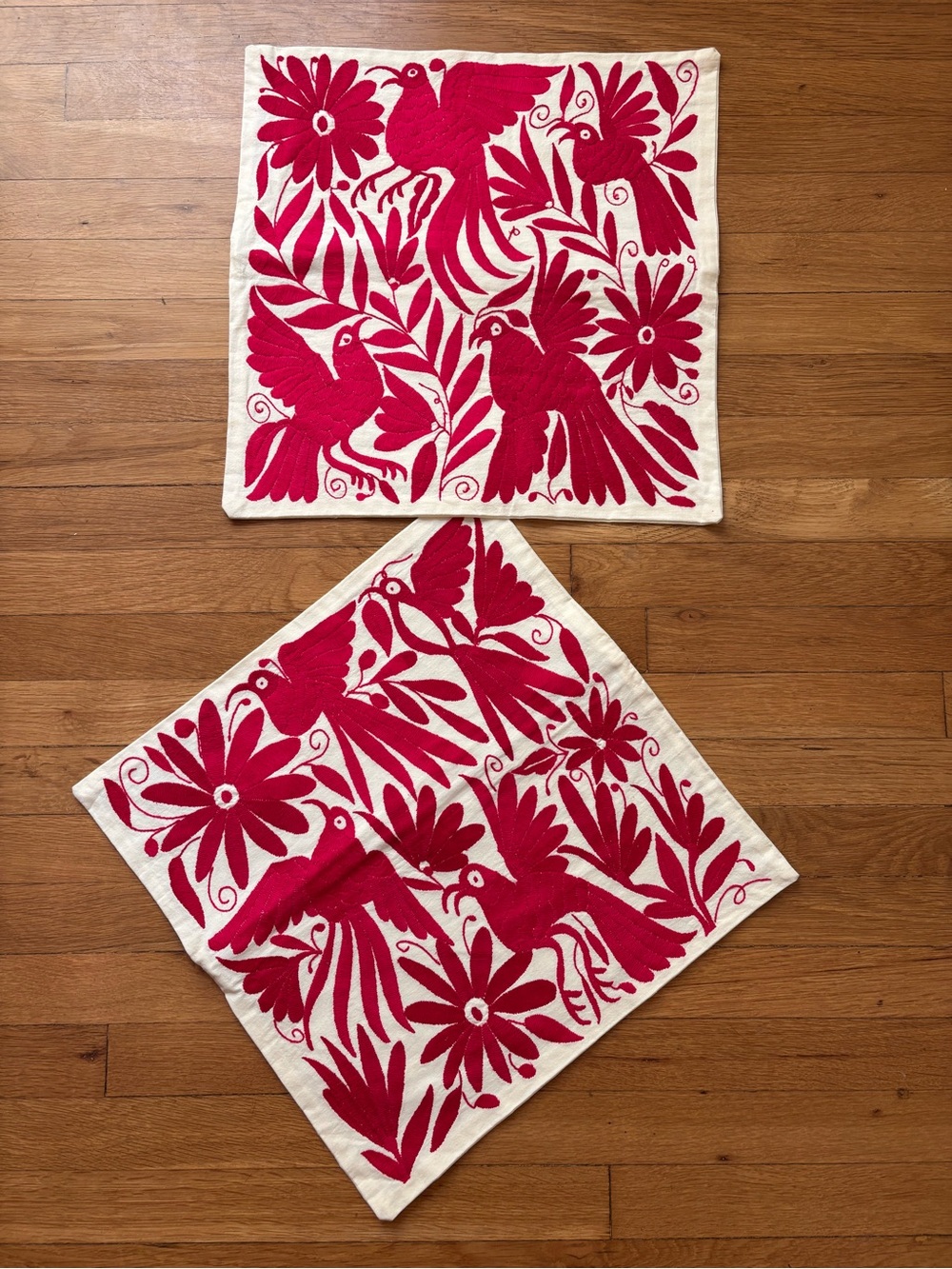 Set of Otomi Embroidered Bird & Floral Square Pillow Covers- Fuchsia on Cream